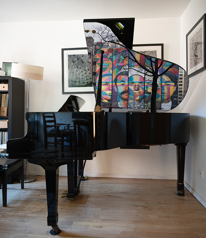 Grand Piano with photograph of scene in Greenwich Village, New York, NY. Scene shows mural of Eduardo Kobra in context with the neighborhood. 